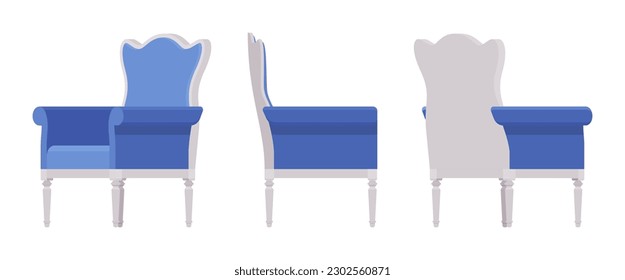 Armchair, soft wing chair, wingback furniture set, natural light, blue. Tea meeting, living room, bar, cafe, hotel decent decoration. Vector flat style cartoon home, office isolated, white background