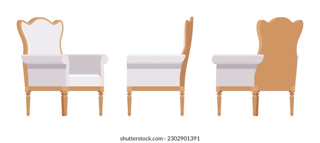 Armchair, soft wing chair, wingback furniture set in natural brown. Tea meeting, living room, bar, cafe, hotel decent decoration. Vector flat style cartoon home, office isolated, white background