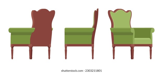 Armchair, soft wing chair, wingback furniture set, natural brown, green. Tea meeting, living room, bar, cafe, hotel decent decoration. Vector flat style cartoon home, office isolated, white background