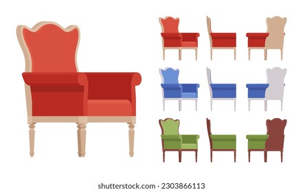 Armchair, soft wing chair, wingback furniture big set, bright vivid colors. Club tea meeting, living room, hotel accent decoration. Vector flat style cartoon home, office isolated, white background