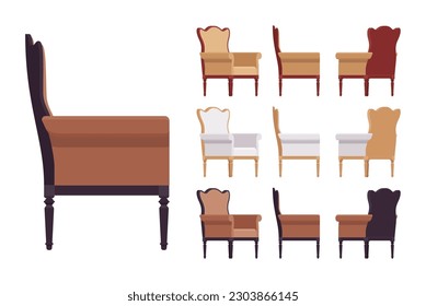 Armchair, soft wing chair, wingback furniture big set, natural brown colors. Club tea meeting, living room, cafe, hotel decoration. Vector flat style cartoon home, office isolated, white background