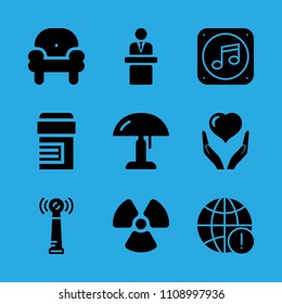 armchair, speech, radioactive, antenna, lamp, pills, music file, worldwide and health insurance vector icon. Simple icons set