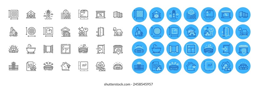 Sessel, Straßenlaterne und Leuchtturm Linie Icons Pack. Boden Paket, Tür, Sportarena Web Symbol. Quadratische Fläche, Eingang, Paketgröße Piktogramm. Offene Tür, Garage, Krankenhausgebäude. Vektorgrafik