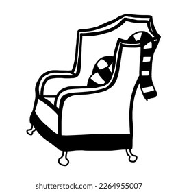 Armchair and stripped scarf in outline doodle style  Vector illustration isolated white background 