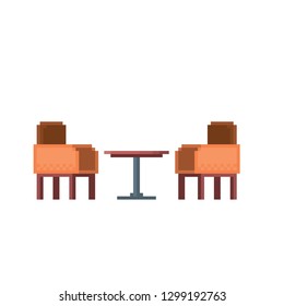 Armchair and table. Element of the interior. Pixel art. Old school computer graphic. 8 bit video game. Game assets 8-bit sprite.