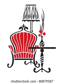 armchair with table and floor lamp