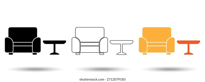 Sillón e icono de mesa. Sillón e icono de mesa sobre un fondo blanco, aislado. El ícono tiene tres usos en aplicaciones y Sitios web. Ilustración vectorial. Sillón y mesa icono de fondo blanco.