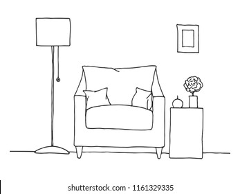 Armchair, table with a vase. Floor lamp. Hand drawn vector illustration of a sketch style. 