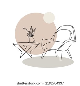 Armchair and table with vase with flowers Line drawing with geometric pastel shapes .Modern interior design Minimal art style vector illustration.Scandinavian stylish furniture in simple Linear style.