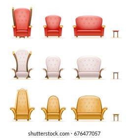 armchair throne sofa couch chair fairytale cartoon 3d isolated retro vintage icons set vector illustration