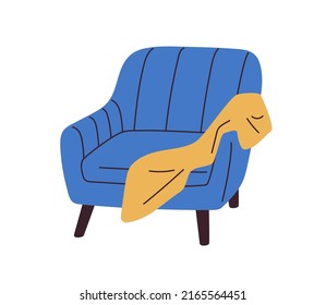 Sillón con manta de lanzamiento sobre reposabrazos. El diseño de las sillas es acogedor y moderno, de estilo retro de mediados de siglo. Salón con patas de madera, mobiliario de salón. Ilustración vectorial plana aislada en fondo blanco