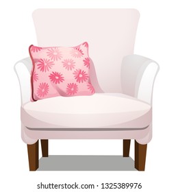 Armchair upholstered with white fabric and soft pink pillow isolated on white background. Vector cartoon close-up illustration.