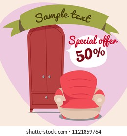 Armchair and wardrobe cartoon illustration. Vector illustration isolated on background.