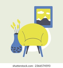 Armchair, wheat and painting - home furnishings. Interior of room with furniture. House plant in vase. Mountain landscape. Cozy place, hygge. Color image - blue and yellow. Drawn. Vector illustration
