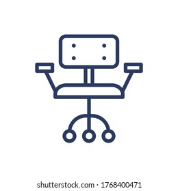 Armchair for workplace thin line icon. Adjustable stool, desktop chair with wheels isolated outline sign. Home interior, furniture, sitting concept. Vector illustration symbol element for web design