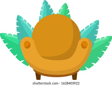 Armchair. Yellow furniture. Soft chair. Green leaves of the plant. Cartoon flat illustration. Place for recreation and rest