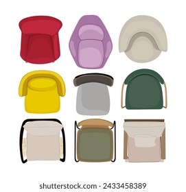 Armchairs, chairs, interior design set, top view.