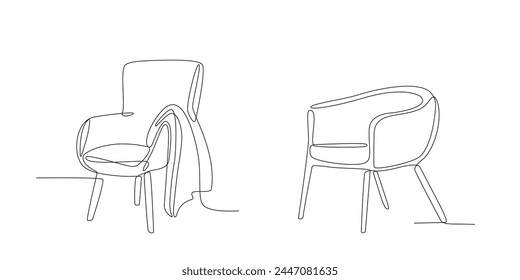 Armchairs collection in continuous single line drawing style. Interior element of furniture. Set of chairs one line drawing. Modern furniture editable stroke. Handdraw contour doodle illustration