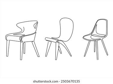 Armchairs collection in continuous single line drawing style. Interior element of furniture. Set of chairs one line drawing. Modern furniture editable stroke. Handdraw contour doodle illustration