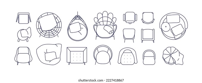 Armchairs designs, top view. Overhead chairs, seats for living room interior layout. Modern lounge furniture, cushions. Outlined contoured flat vector illustration isolated on white background