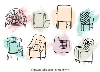 Armchairs doodle style illustration with brush strokes. Hand drawn objects.