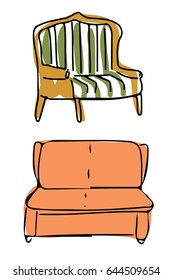 Armchairs doodle style illustration. Hand drawn objects.