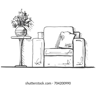 Armchairs and a high table. Vase with flowers on the table. Hand drawn interior. Vector illustration in sketch style