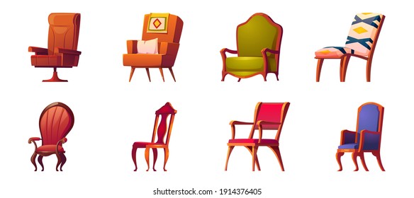 Armchairs for office and home interior isolated on white background. Vector cartoon set of wooden chairs with arms, comfortable seats for living room. Modern and vintage furniture for work and lounge