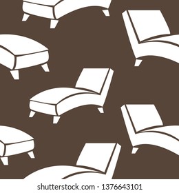 Armchairs seamless pattern. Lounge chair, white recliner chair isolated on brown background, psychiatrist chair, furniture for relaxing. Vector backdrop.
