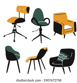 Armchairs set, compy sofa and office chair. Different types of sitting places. Modern design, simple doodle vector illustrations