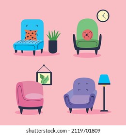 armchairs and sofas set four icons