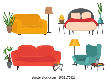 Sillones y sofás. El diseño del mobiliario de la sala de estar incluye un moderno elemento interior de la casa, vector plano. Mobiliario contemporáneo para sala de estar o oficina en casa. Sofá, silla, lámpara y mesa baja modernos