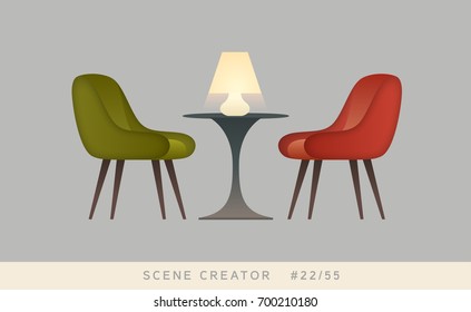 Sillones, mesa, lámpara. Objetos aislados. Conjunto de creadores de escenas vectoriales.