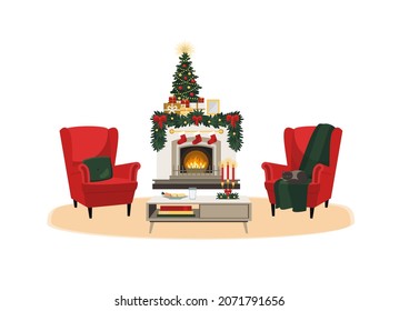 Armchairs and table with milk for Santa, carrot for deer, pillow, cat, book, candleholder. Fireplace with christmas tree, gifts, socks and garland. Flat cartoon style cute vector illustration.