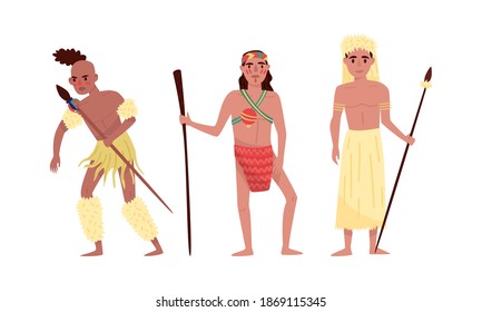 Bewaffnete Aborigine- oder Ureinwohner-Charaktere mit amerikanischem Indianerstamm und afrikanischem Stammesmitglied Vektor Illustration Set