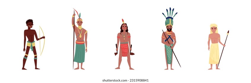 Armed Aboriginal or Native People Characters with Tribe Member Vector Illustration Set