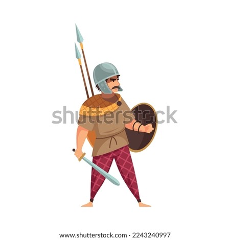 Armed ancient gallic warrior with sword spears and shield flat vector illustration