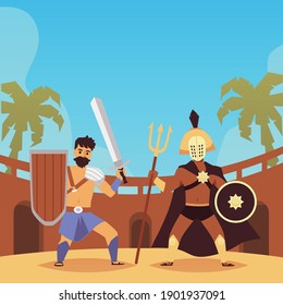 Armed ancient soldiers in combat poses. Bloody entertainment on arena of colosseum in roman empire. Gladiators, legionnaires or spartan warriors with weapons. Vector illustration