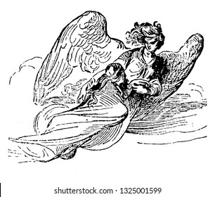 Armed angel prevents the Turks by entering in the city and arrested them at the wall and drive away from the city to the border of Persia, vintage line art illustration. Infernal Dictionary 1863.