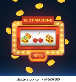 Armed bandit, game machine in casino with different isolated pictures. Open and closed chest with treasures and cherry