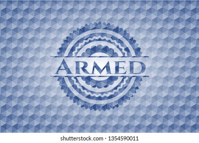 Armed blue badge with geometric pattern background.