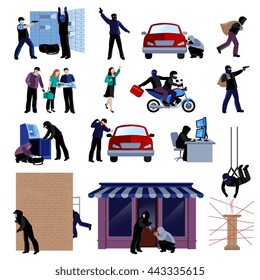 Bewaffnete Einbrecher, die Verbrechen begehen, flache Symbole auf weißem Hintergrund einzelne Vektorgrafik