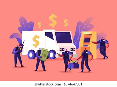 Armed Cash-in-transit Guard Characters Collectors Carry Bags from ATM or Currency Exchange Office. Collecting Cash for Transportation to Bank, Convoy Job Concept. Cartoon People Vector Illustration