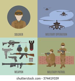 Armed conflict. Attack from the air and patrolling. Flat isolated vector illustration