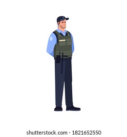 Armed cop semi flat RGB color vector illustration. Security guard in bulletproof vest. Policeman for patrol. Police officer stand in uniform isolated cartoon character on white background