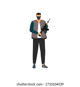 Bewaffnete kriminelle flache Vektorillustration gesichtslosen Charakter. Maskierte Bandit, gefährlicher Terrorist mit Sturmgewehr einzelne Cartoon-Illustration für Web-Grafik Design und Animation. Gangmitglied, Gangster