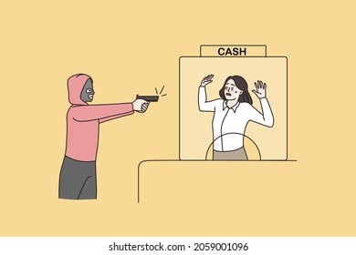 Armed Criminal In Mask Threaten Bank Employee With Gun Commit Robbery. Thief Robber Demand Cash Endanger Female Clerk With Weapon. Money Theft, Burglary. Flat Vector Illustration. 