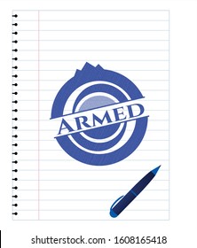 Armed drawn with pen. Blue ink. Vector Illustration. Detailed.