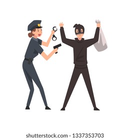 Armed Female Police Officer Arrested Bank Robber Vector Illustration