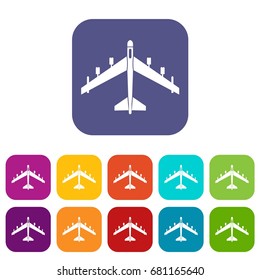 Armed fighter jet icons set vector illustration in flat style in colors red, blue, green, and other